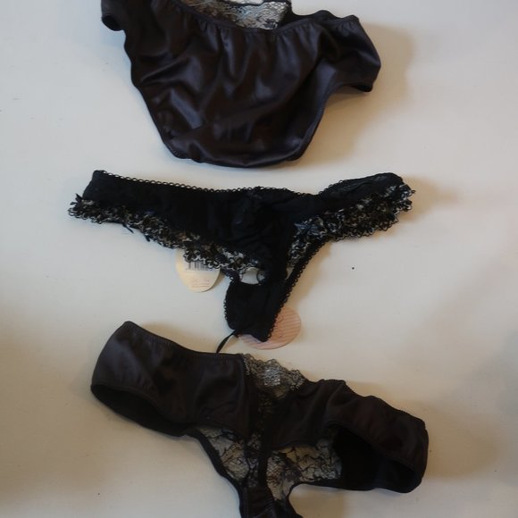 NWT WOMENS 3PC LITTLE MINX BLACK/GRAY LACE TRIM THONG/PANTIES SZ L - Picture 5 of 6